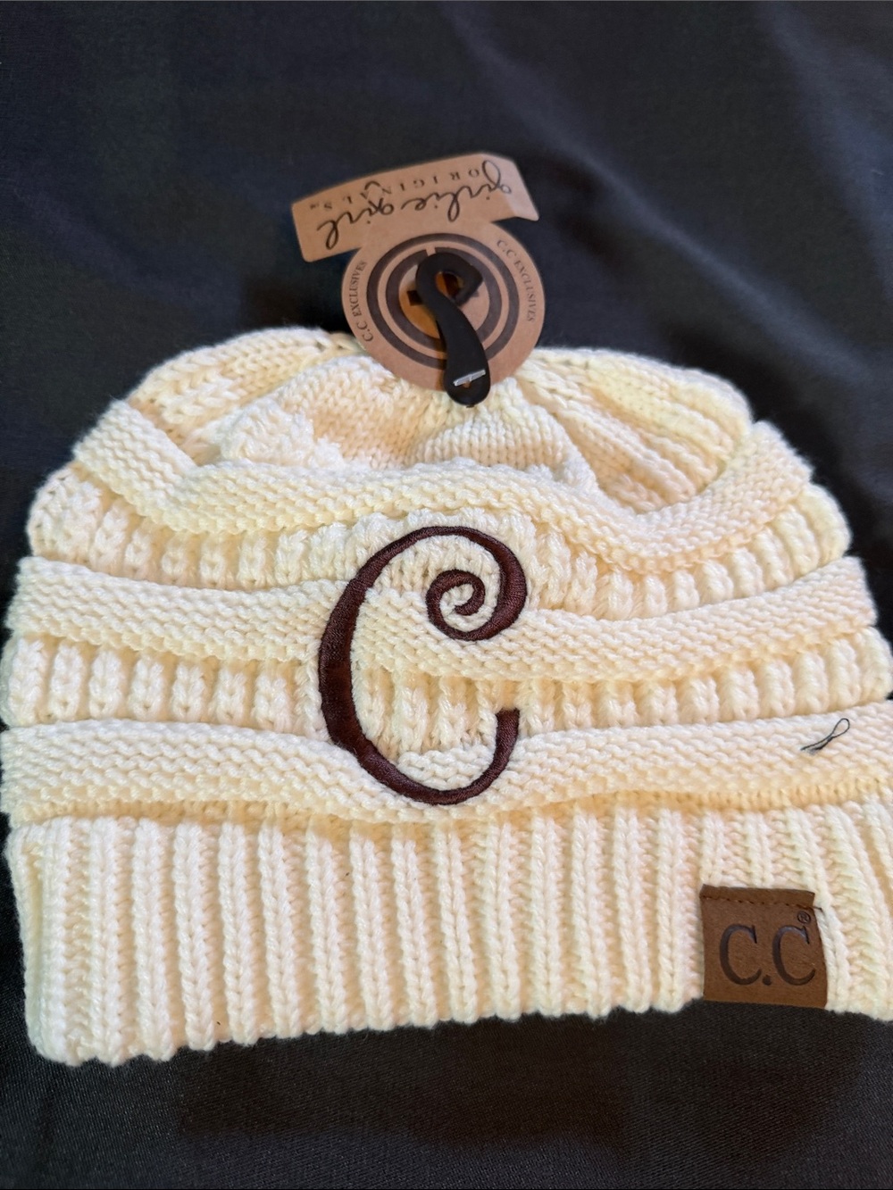 C.C Cream Cable Knit Beanie with Brown 'C' Accent